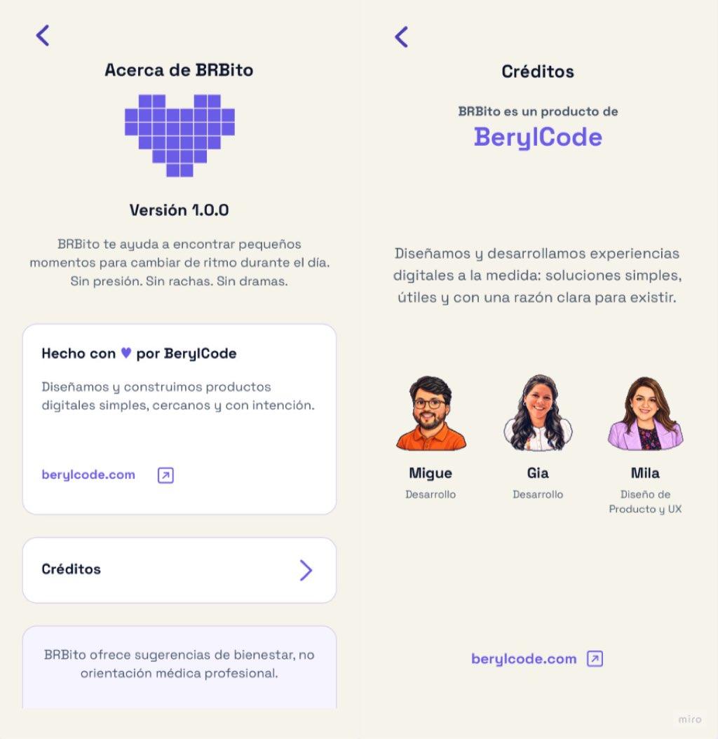 BRBito About and Credits screens, BerylCode information, and team portraits.