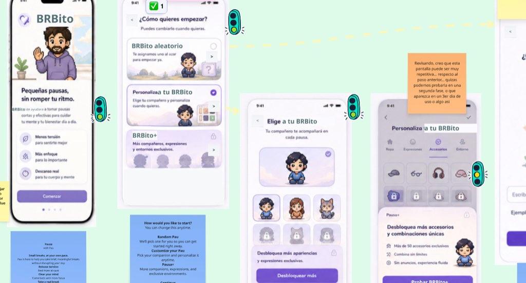 Collage of BRBito screens showing companion selection, accessories, and a BRBito+ offer.