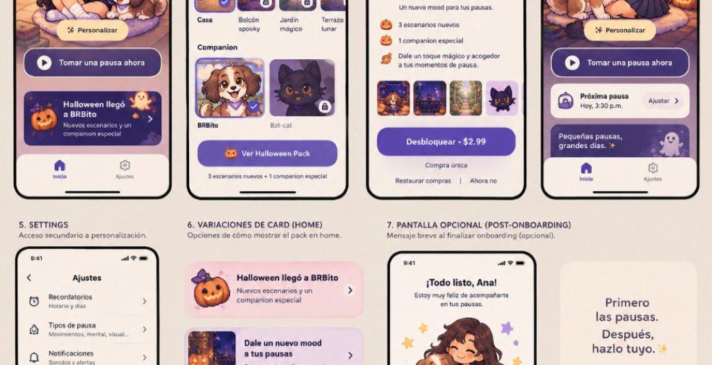 BRBito mobile prototypes with a Halloween pack, special companion, and one-time purchase button.