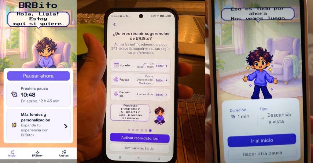 BRBito screens showing Home, reminder settings, and the end of a break.
