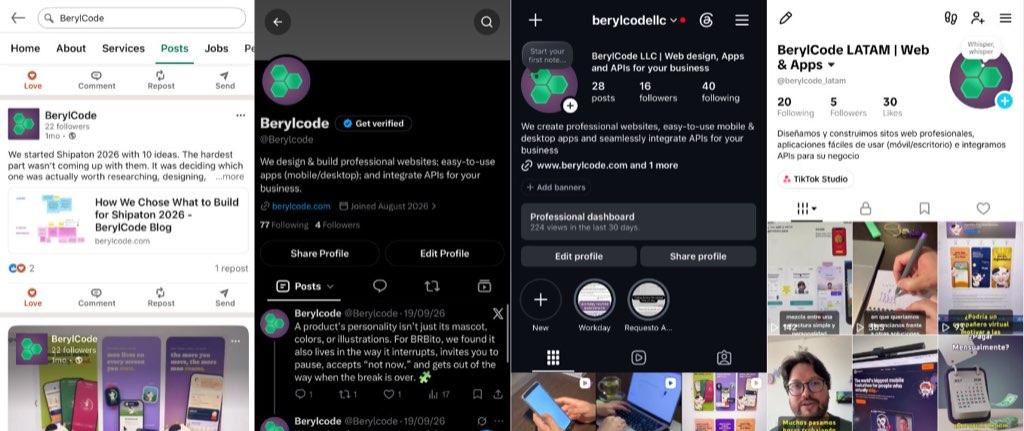 Screenshots of BerylCode profiles and posts on LinkedIn, X, Instagram, and TikTok.