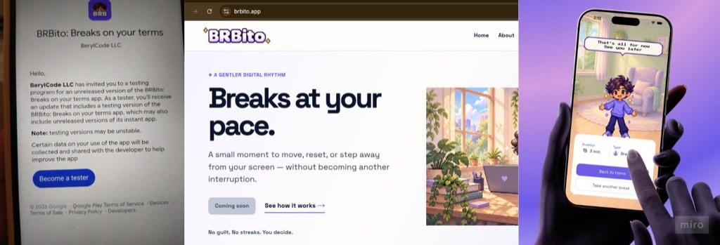 A beta invitation, website, and BRBito mobile screen ready for the app's first downloads.