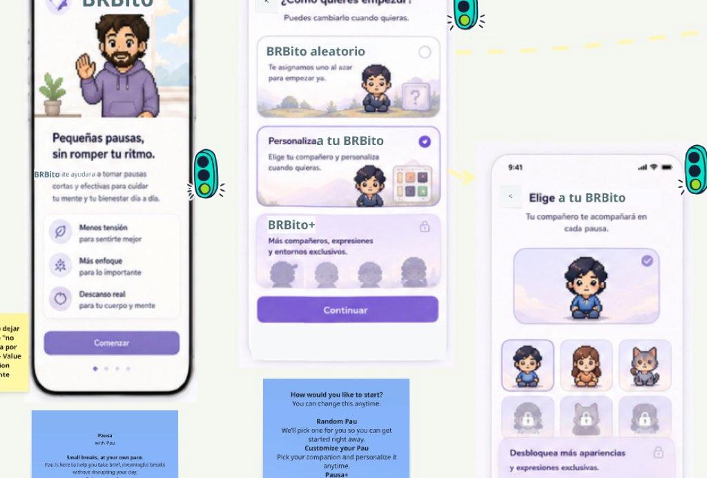 BRBito screen exploration for introducing the app and choosing a random or personalized companion.