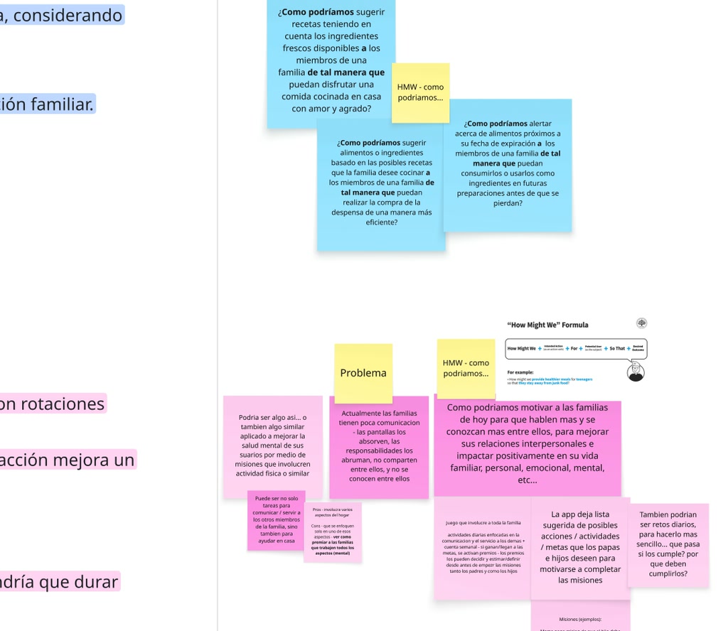 Ideation board with sticky notes exploring interaction problems and How Might We questions