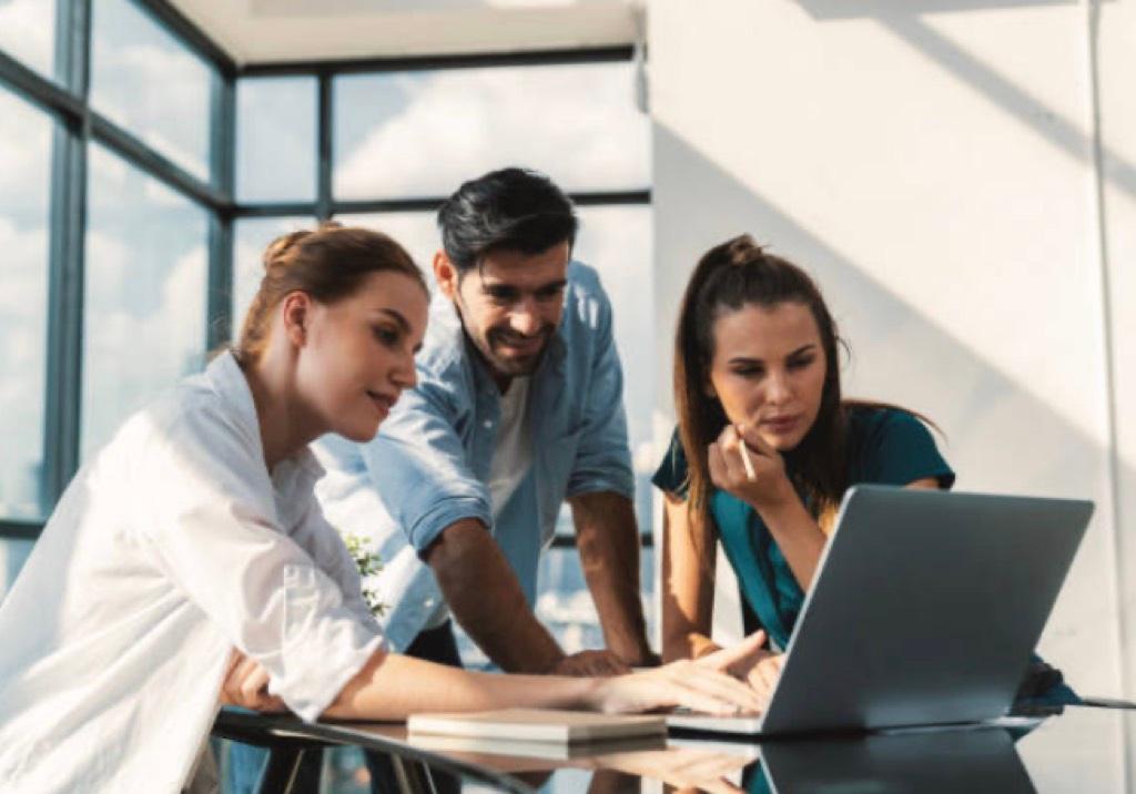 A team compares website materials together before deciding what to fix first.
