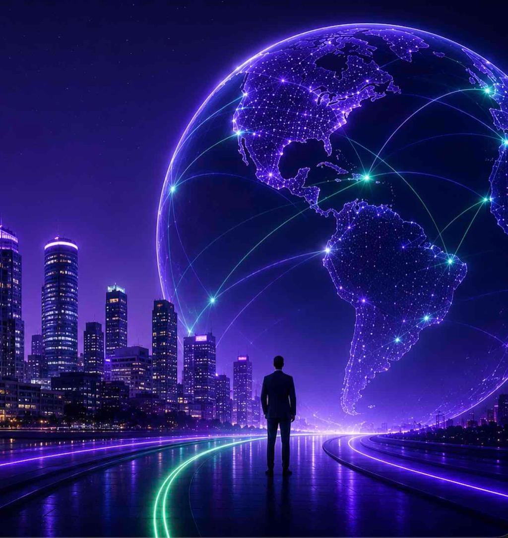 Connected global cityscape with a person looking toward a glowing digital globe