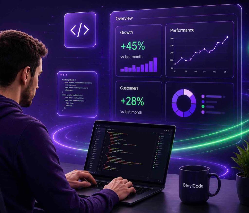 Developer reviewing code and growth analytics on a laptop