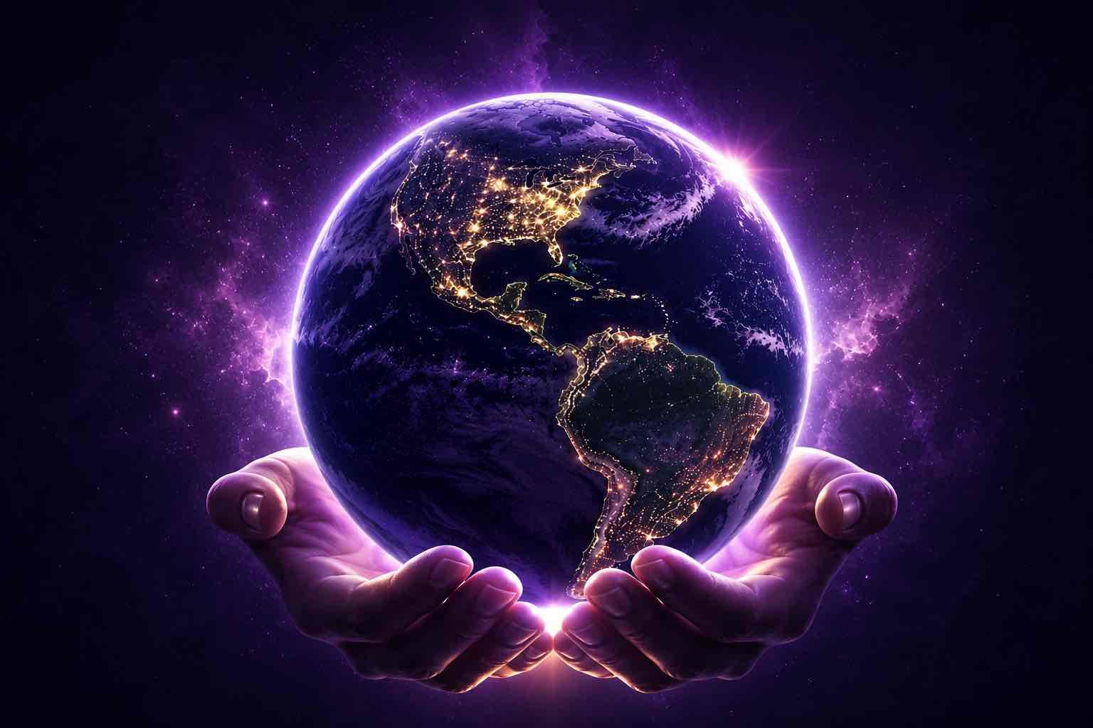 Hands holding a glowing Earth centered on the Americas